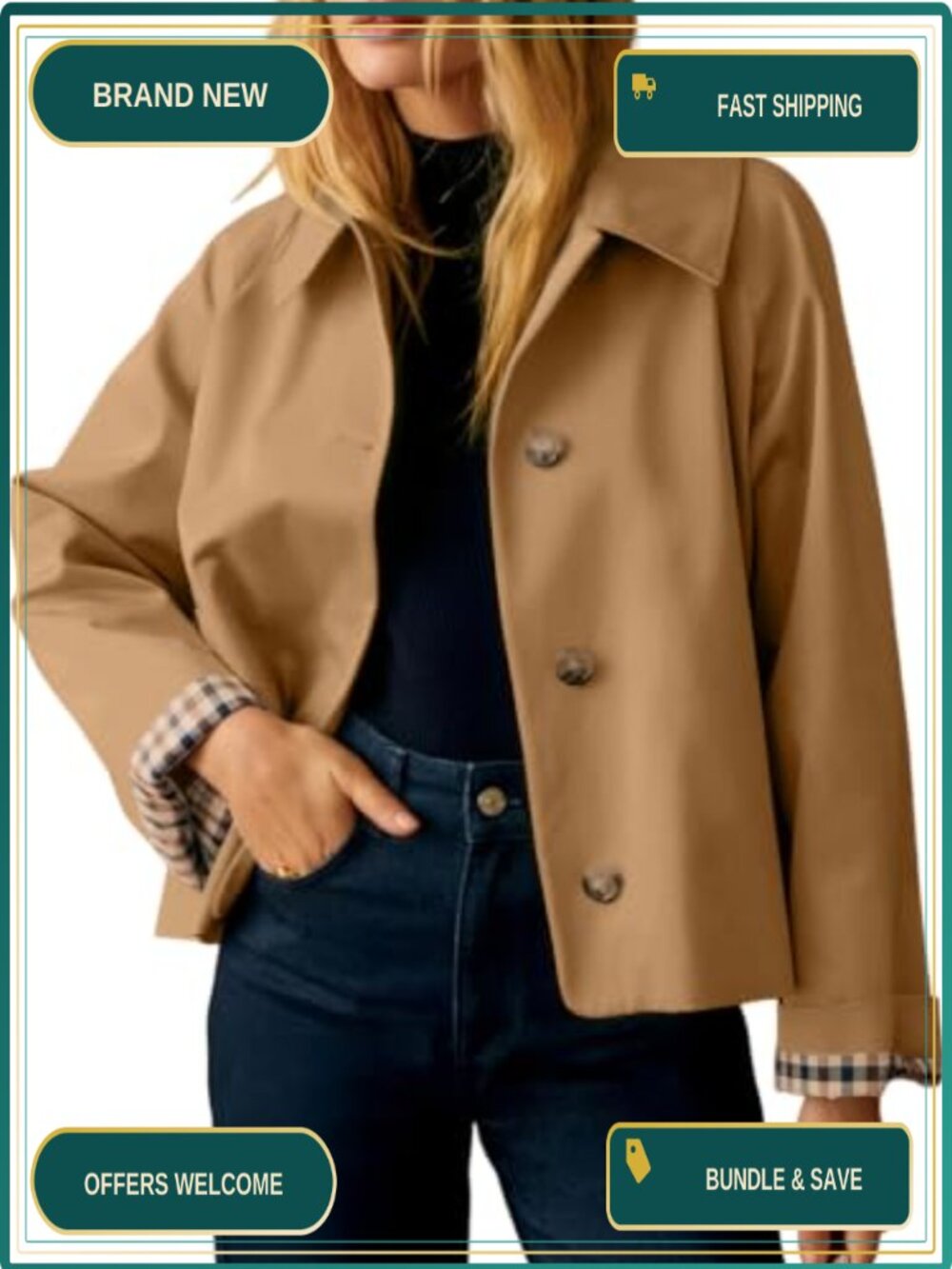Women's Cropped Trench Coat with Plaid Lining Button Down Pockets
